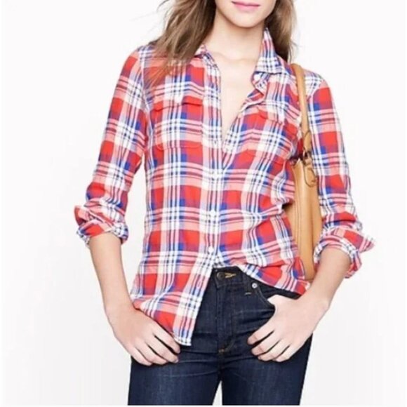 J. Crew 100% Cotton Plaid Shirt Women's Size Extra Small Red Blue Medium weight - Picture 1 of 8
